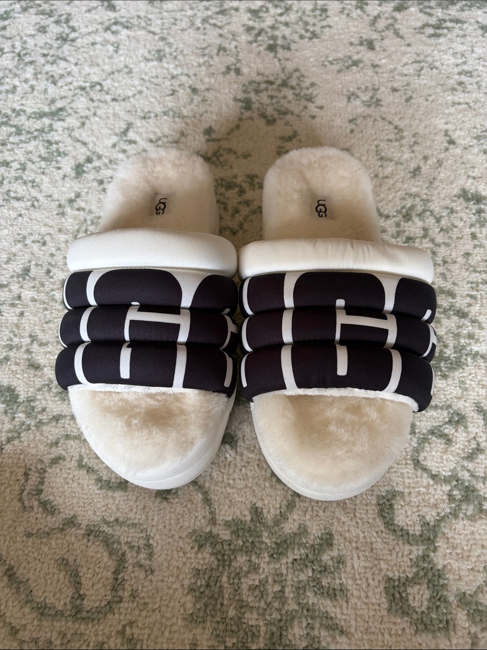 UGG Black and Cream Puffer Logo Slide Platform Sandals